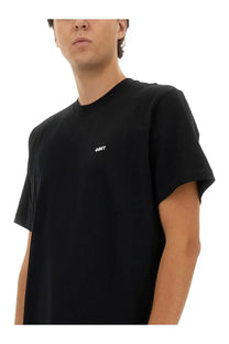 Obey men’s black short-sleeved t-shirt with small white embroidered obey logo on the left chest