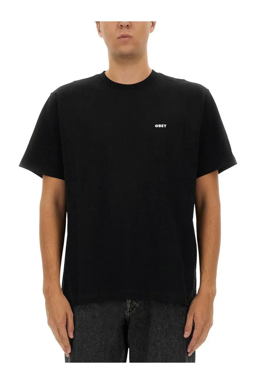 Obey men’s established works bold black t shirt with small white embroidered logo on left chest made of cotton