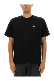 Obey men’s established works bold black t shirt with small white embroidered logo on left chest made of cotton