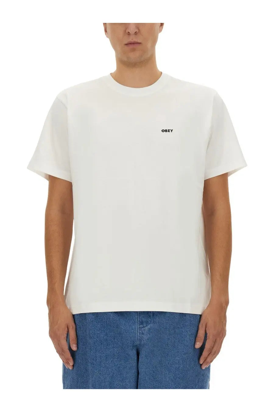 Obey men’s white cotton t-shirt with a small black obey logo embroidered on the left chest