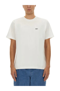 Obey men’s white cotton t-shirt with a small black obey logo embroidered on the left chest