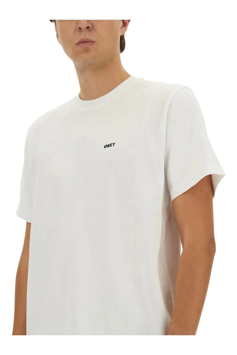 White cotton obey men’s established works bold t-shirt with small black obey logo embroidered on left chest