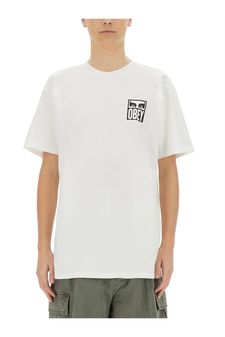 Obey men’s white cotton t-shirt with black rectangular eye logo and obey text on the left chest