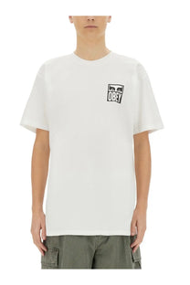 Obey men’s white cotton t-shirt with black rectangular eye logo and obey text on the left chest