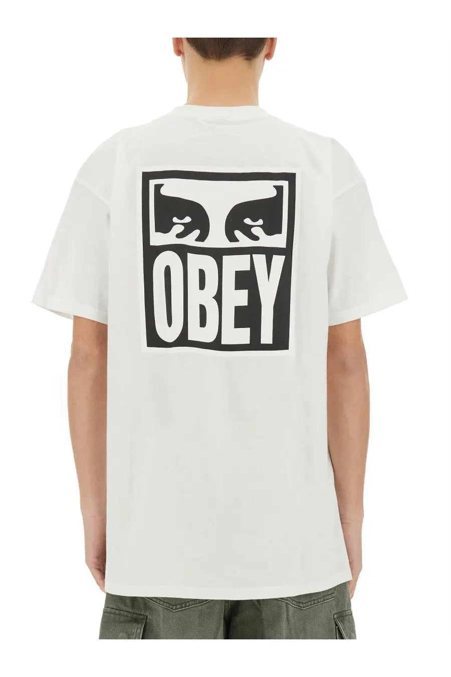 White cotton obey men’s eyes icon t-shirt with bold black and white stylized eyes graphic and obey block letters