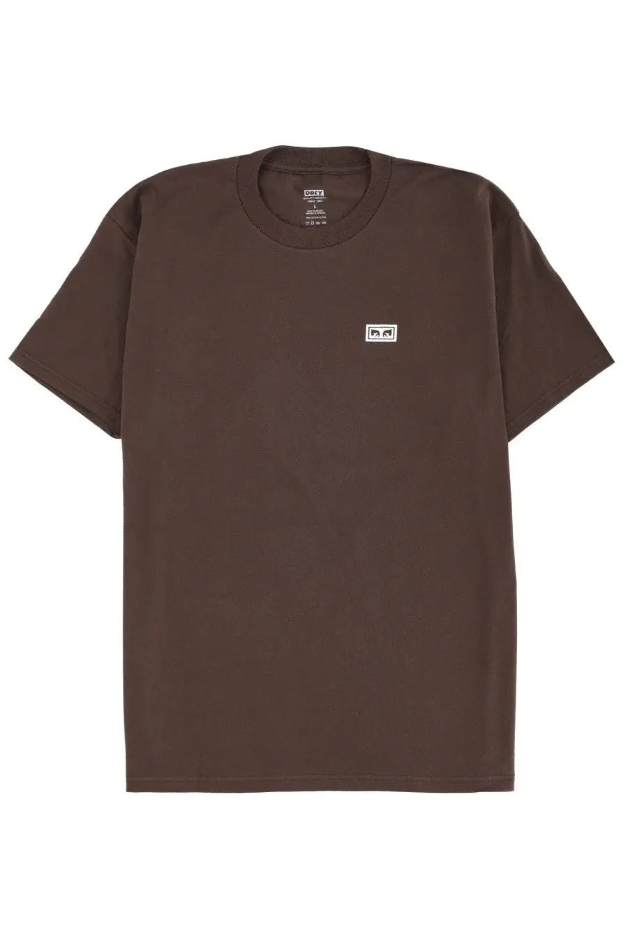 Obey men’s eyes iii brown short-sleeved t-shirt with small white logo on left chest made of comfortable fabric