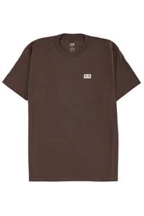 Obey men’s eyes iii brown short-sleeved t-shirt with small white logo on left chest made of comfortable fabric