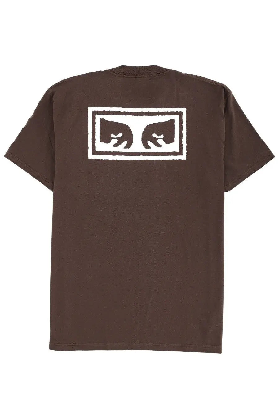 Brown obey men’s short-sleeved t-shirt with white rectangular graphic of two stylized smiling cat faces
