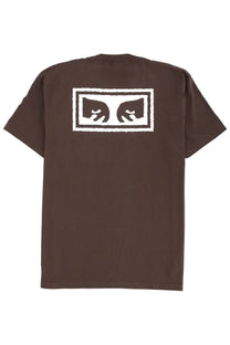Brown obey men’s short-sleeved t-shirt with white rectangular graphic of two stylized smiling cat faces