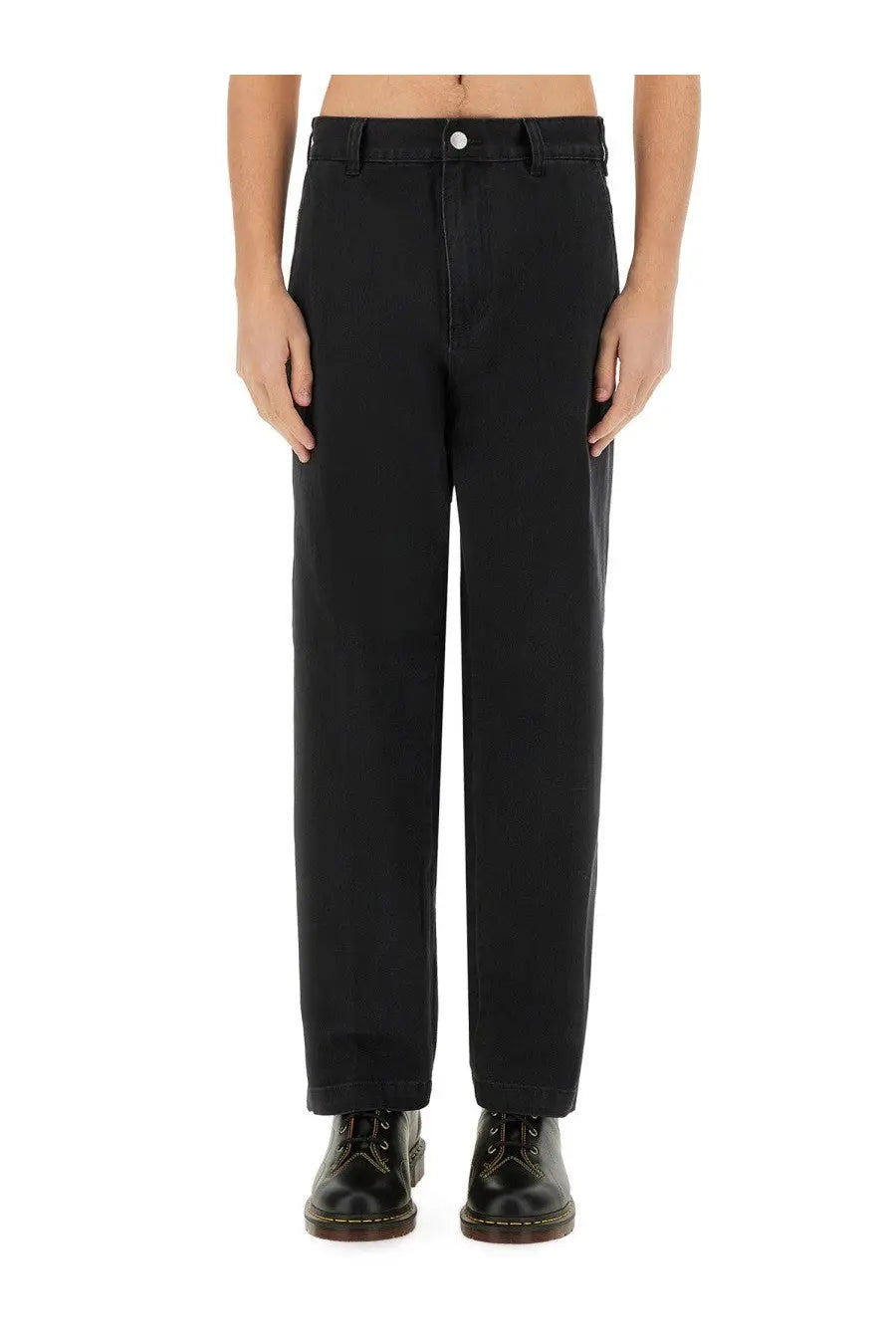 Black straight-leg denim trousers with five-pocket design and button closure from obey mens hardwork jeans blue collection