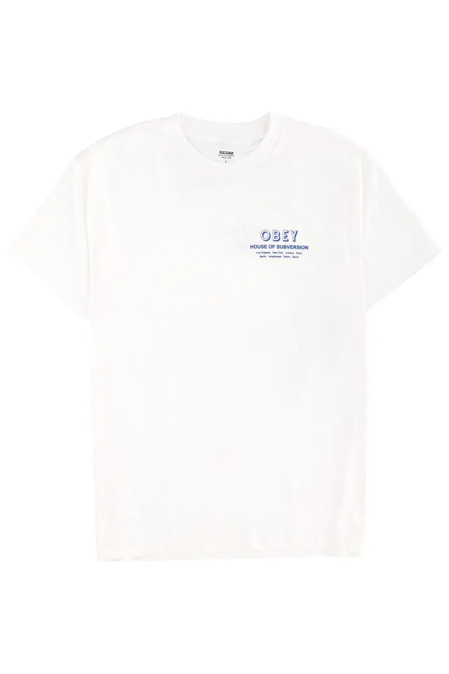 Obey men’s house of subversion white t-shirt with a subtle blue printed logo on the chest