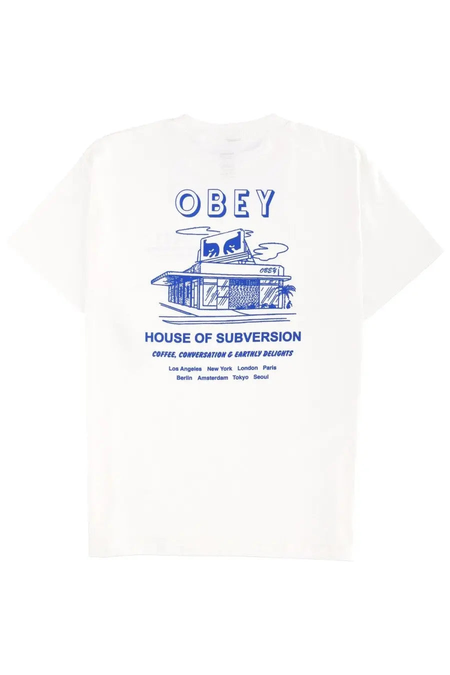 Obey men’s white t shirt featuring a blue coffee shop graphic with house of subversion text and city names below