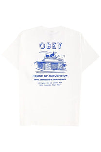 Obey men’s white t shirt featuring a blue coffee shop graphic with house of subversion text and city names below