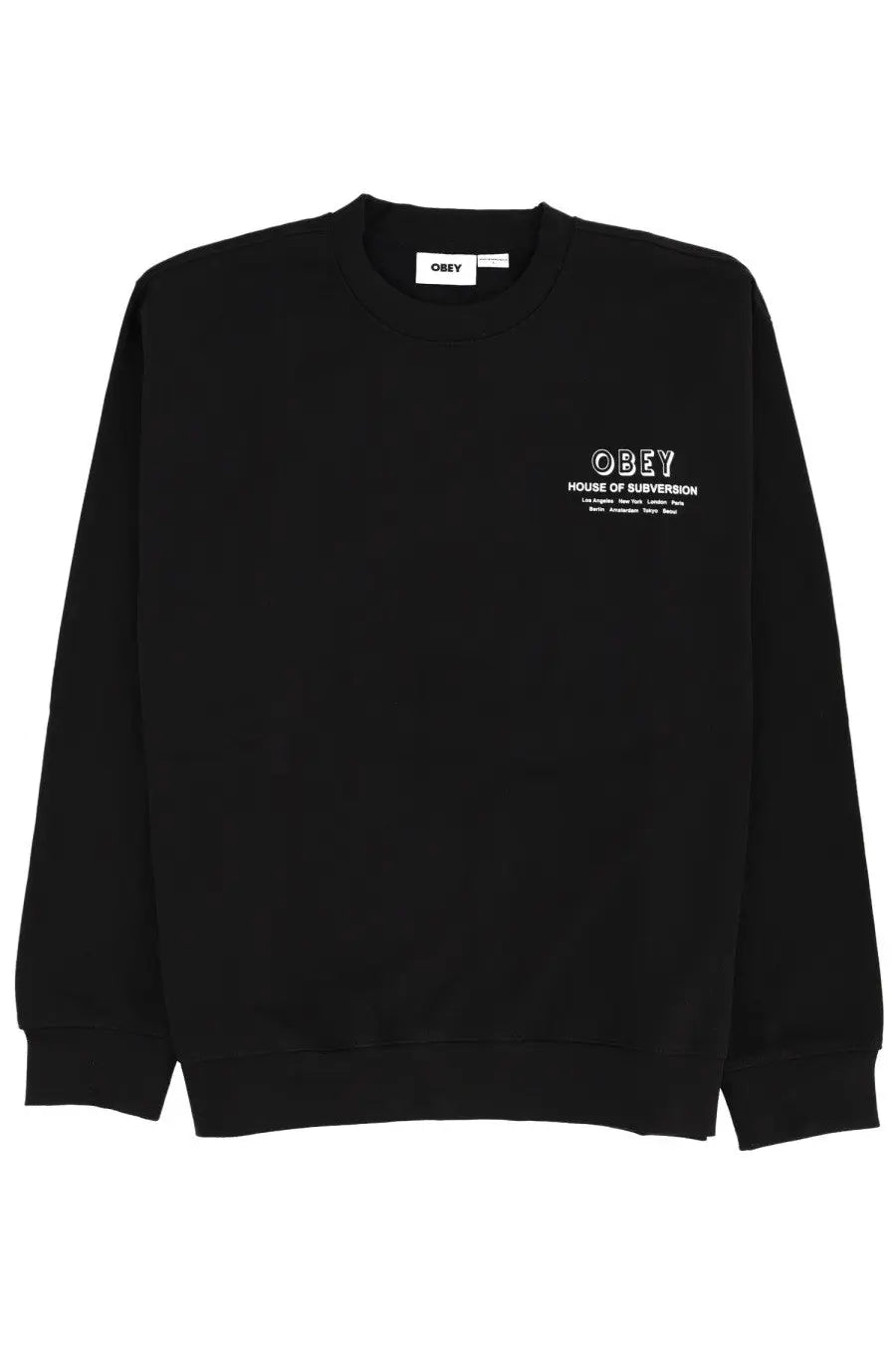 Obey men’s black sweatshirt with white house of subversion text on chest in comfortable cotton material