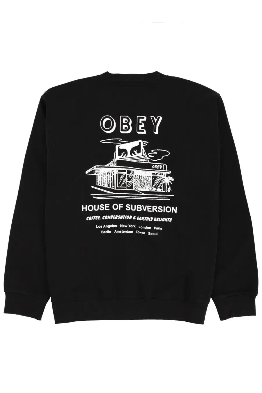 Black obey men’s sweatshirt with white building graphic house of subversion text and city names on front