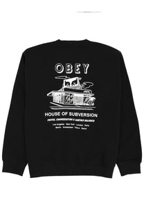 Black obey men’s sweatshirt with white building graphic house of subversion text and city names on front