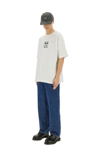 White oversized cotton t-shirt with black and white graphic print on chest from obey men’s icon face shirt collection