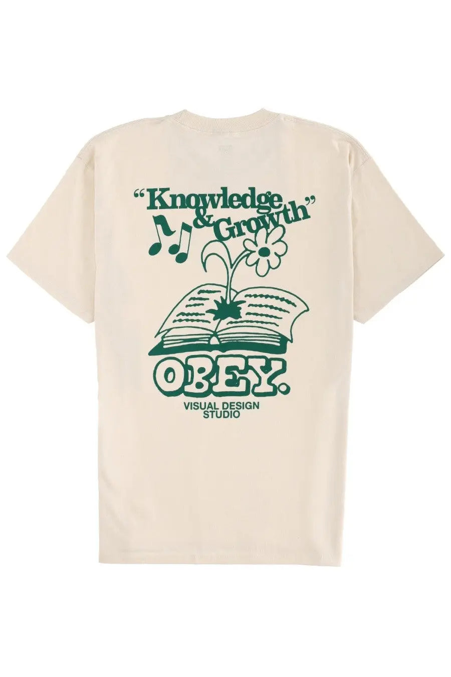 Obey men’s cream t-shirt with green open book and flower graphic and knowledge and growth text on front