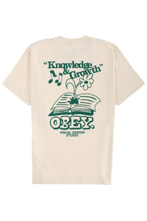 Obey men’s cream t-shirt with green open book and flower graphic and knowledge and growth text on front