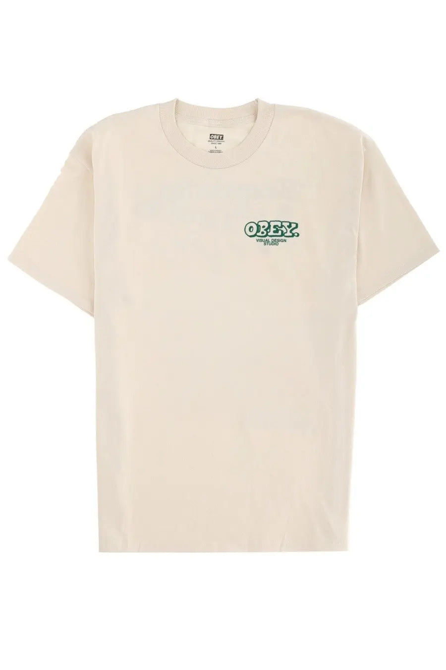 Cream-colored obey men’s knowledge and growth t-shirt with green embroidered logo on the chest in yellow style