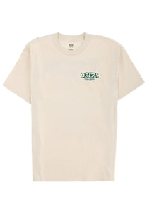 Cream-colored obey men’s knowledge and growth t-shirt with green embroidered logo on the chest in yellow style