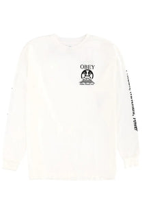 Obey men’s white long sleeve precision shirt with black obey logo and fictional monument tower print on chest