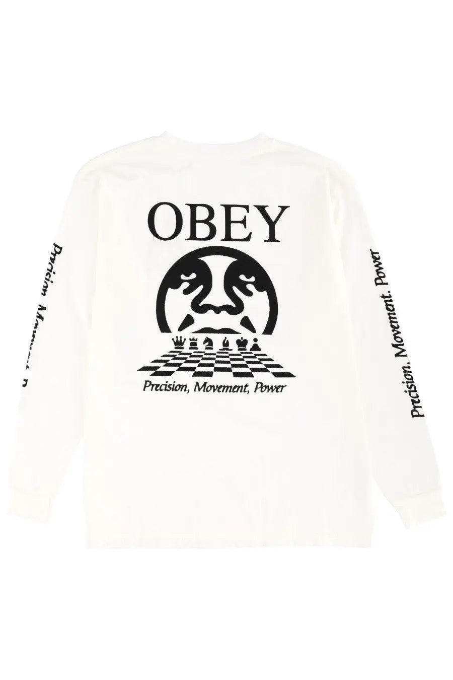 White obey men’s long sleeve precision shirt featuring black graphic print with obey logo and chess design on front