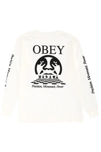 White obey men’s long sleeve precision shirt featuring black graphic print with obey logo and chess design on front