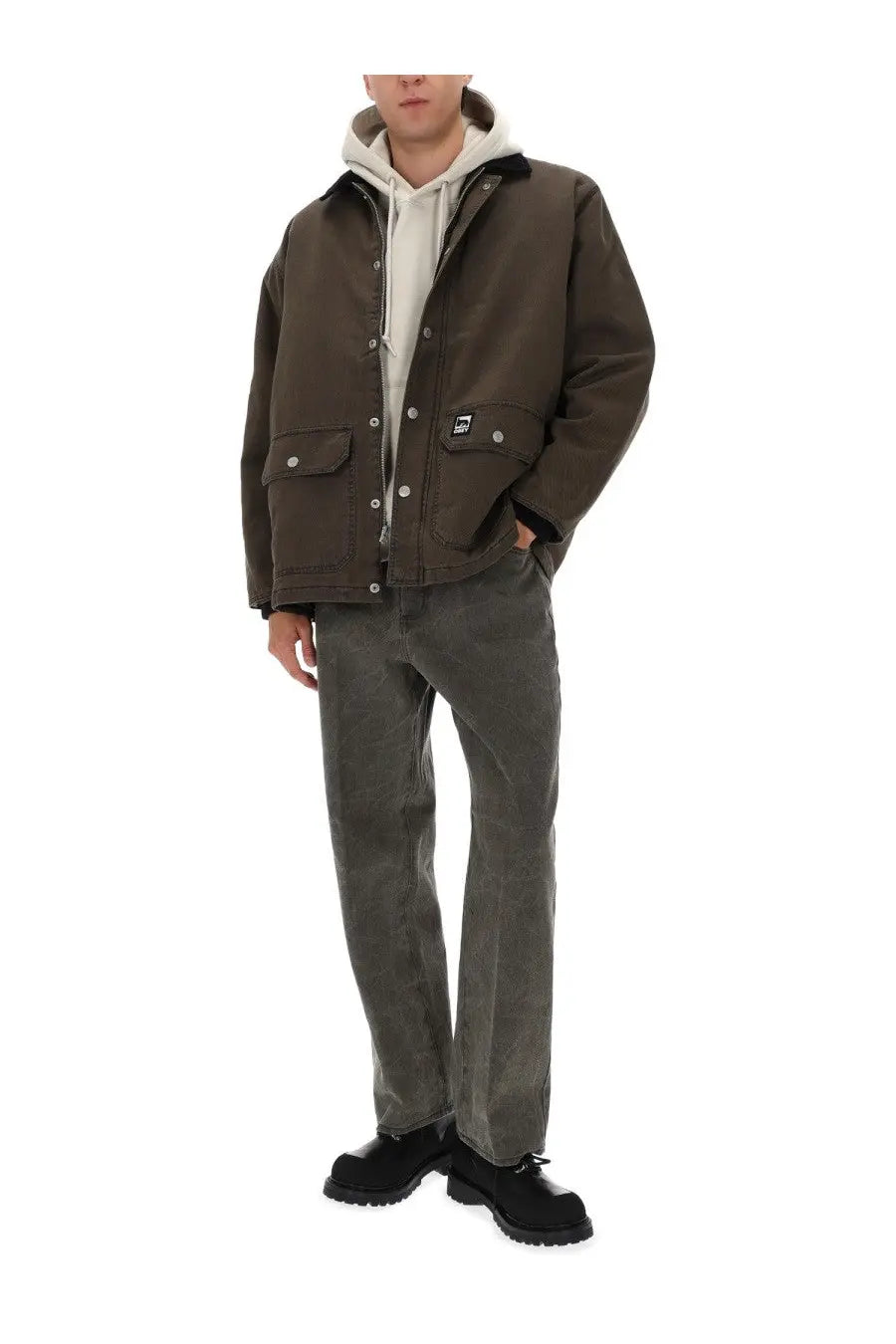 Obey men’s Norton Barn coat green with dark olive green button-up front and two pockets with black logo patch