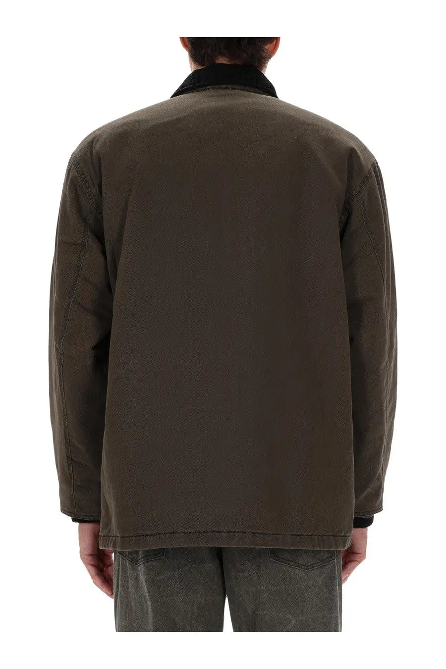 Obey men’s Norton Barn coat green dark olive green canvas jacket with black collar and cuffs front view