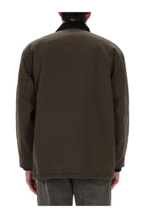 Obey men’s Norton Barn coat green dark olive green canvas jacket with black collar and cuffs front view