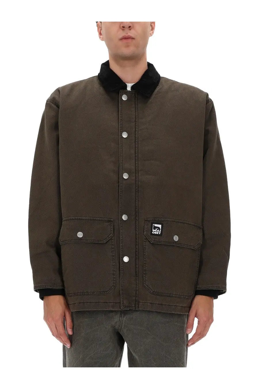 Obey men’s Norton barn coat green dark olive canvas jacket with black fleece collar cuffs silver buttons and obey logo patch