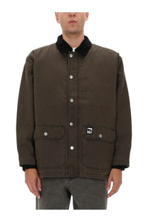 Obey men’s Norton barn coat green dark olive canvas jacket with black fleece collar cuffs silver buttons and obey logo patch
