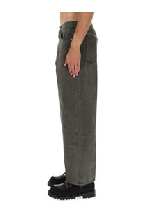 Obey men’s wrinkle grey wide-leg denim trousers in dark olive green with worn texture and subtle fading