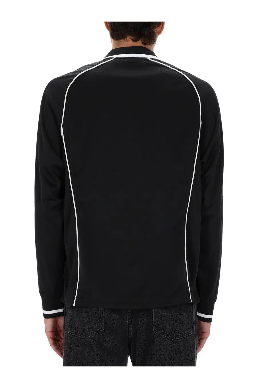 Obey men’s polo black long-sleeved jacket with white piping along shoulders and sleeves shown from the front