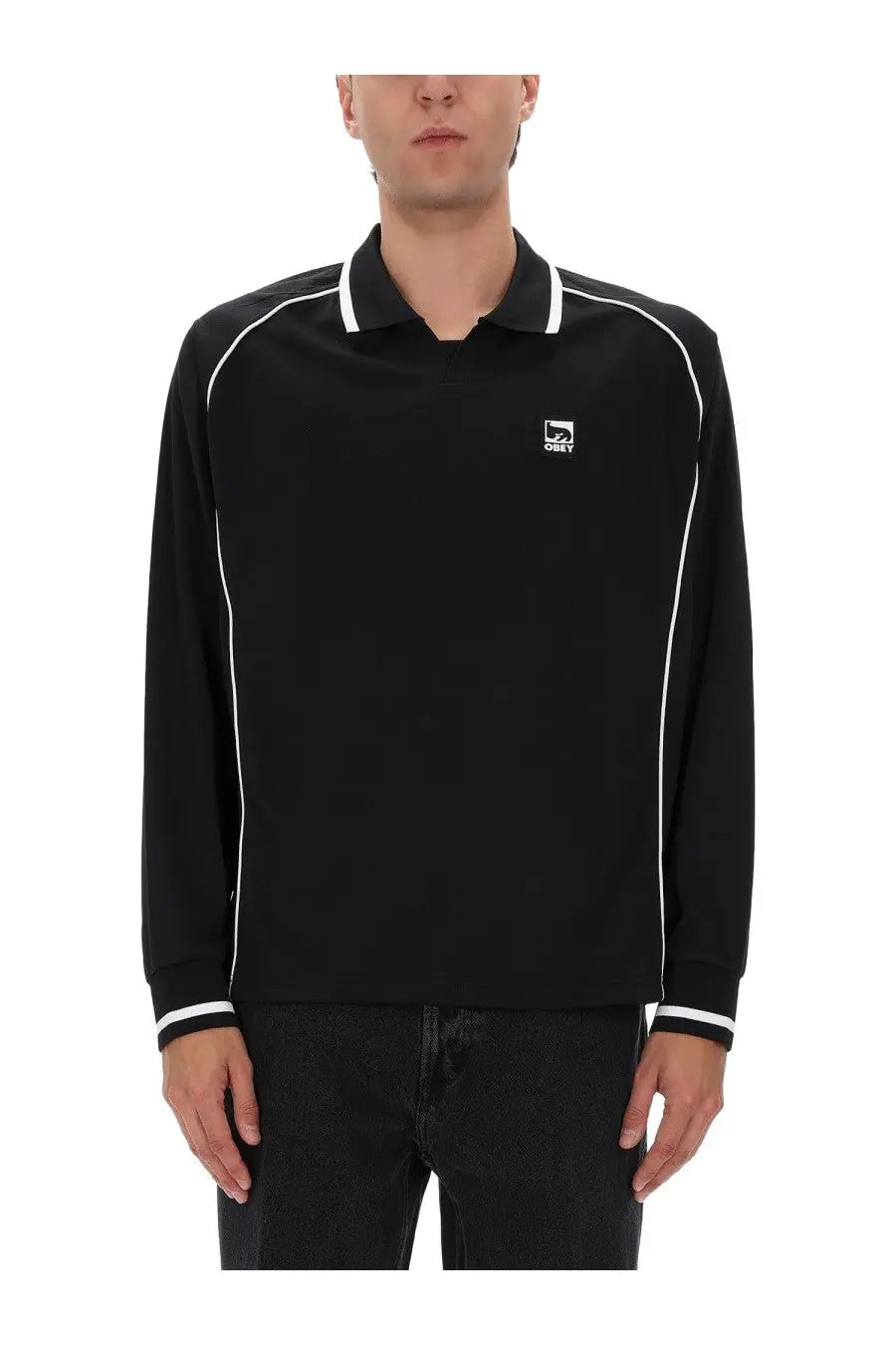 Obey men’s black long-sleeved polo shirt with white piping on collar sleeves and cuffs in cotton blend fabric