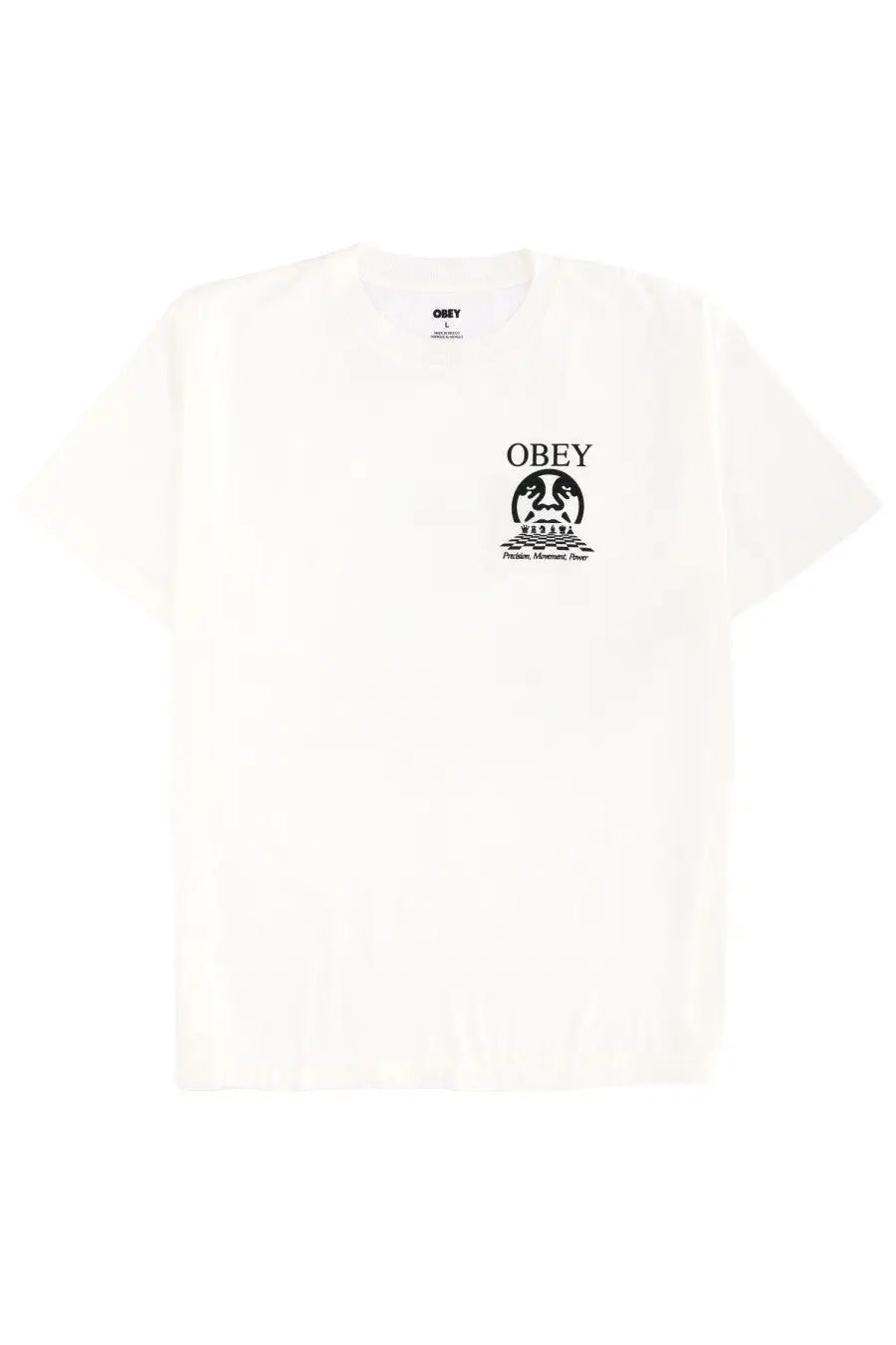 Obey men’s precision shirt white featuring off-white black graphic print of iconic face logo with obey text and slogan below