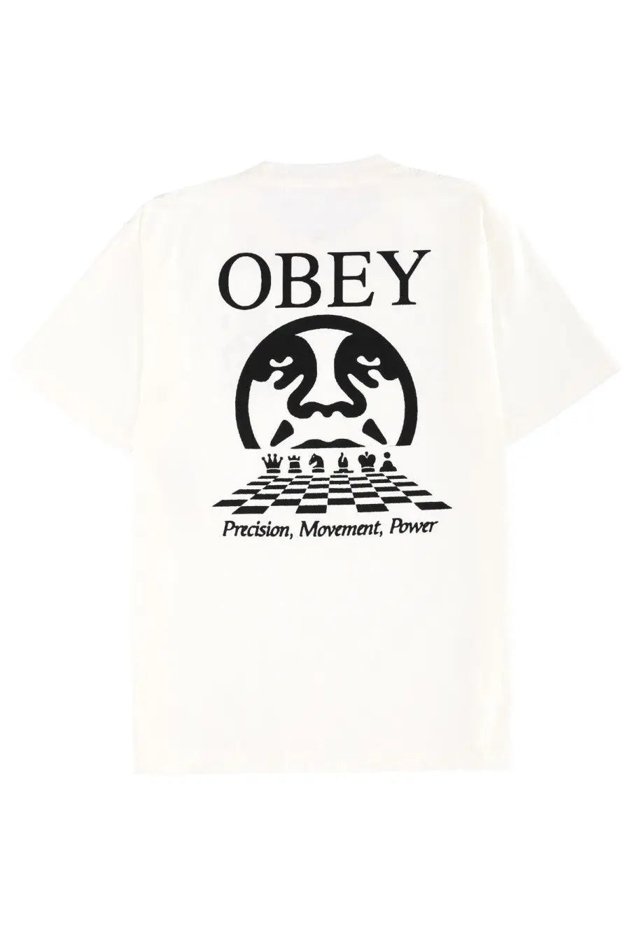 Obey men’s precision shirt white featuring a bold black graphic of a stylized face and chess pieces on a checkered board