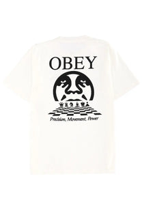 Obey men’s precision shirt white featuring a bold black graphic of a stylized face and chess pieces on a checkered board