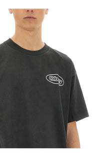 Black obey men’s reaction t-shirt featuring a white oval logo on the chest made from comfortable material