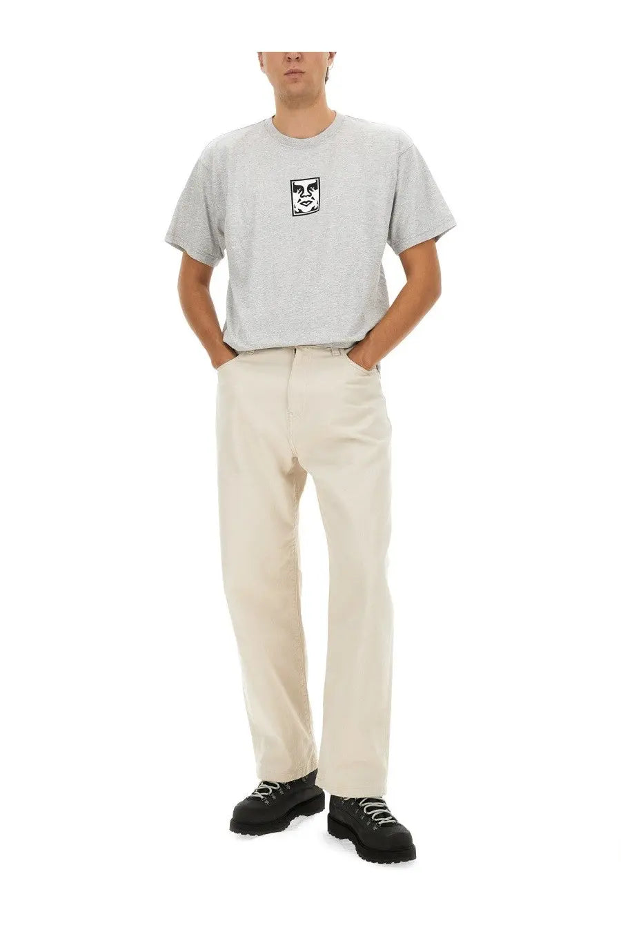 Obey men’s light gray short-sleeved t-shirt with black and white expressive face graphic on the chest