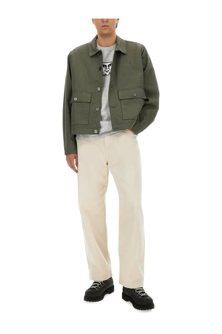Obey men’s olive green utility shirt jacket with flap pockets and button closures in durable fabric