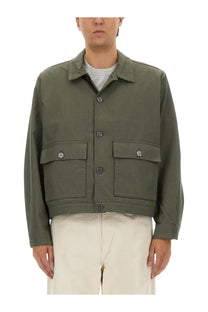 Olive green obey men’s shirt jacket with buttoned flap pockets and collar in utility style