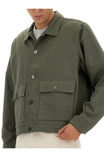Obey men’s olive green utility shirt jacket with two front flap pockets and dark gray buttons