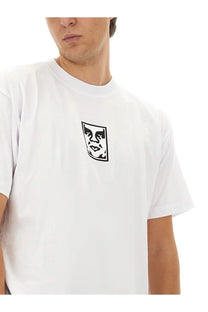 Obey men’s white cotton t-shirt with black and white expressive face graphic in rectangular frame on chest