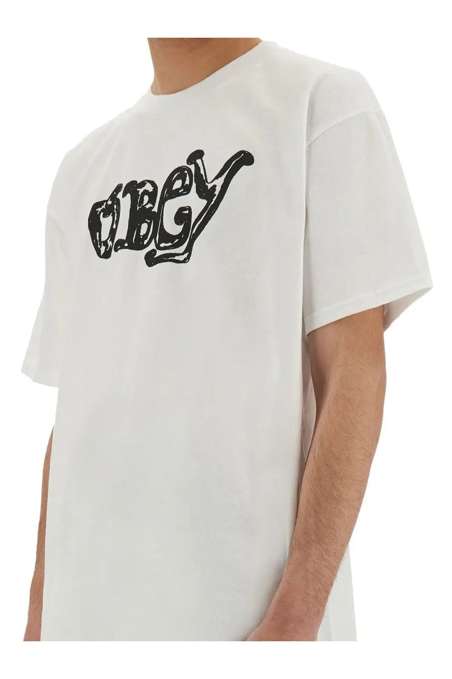 White cotton obey mens t-shirt with bold black graffiti inspired logo across the chest