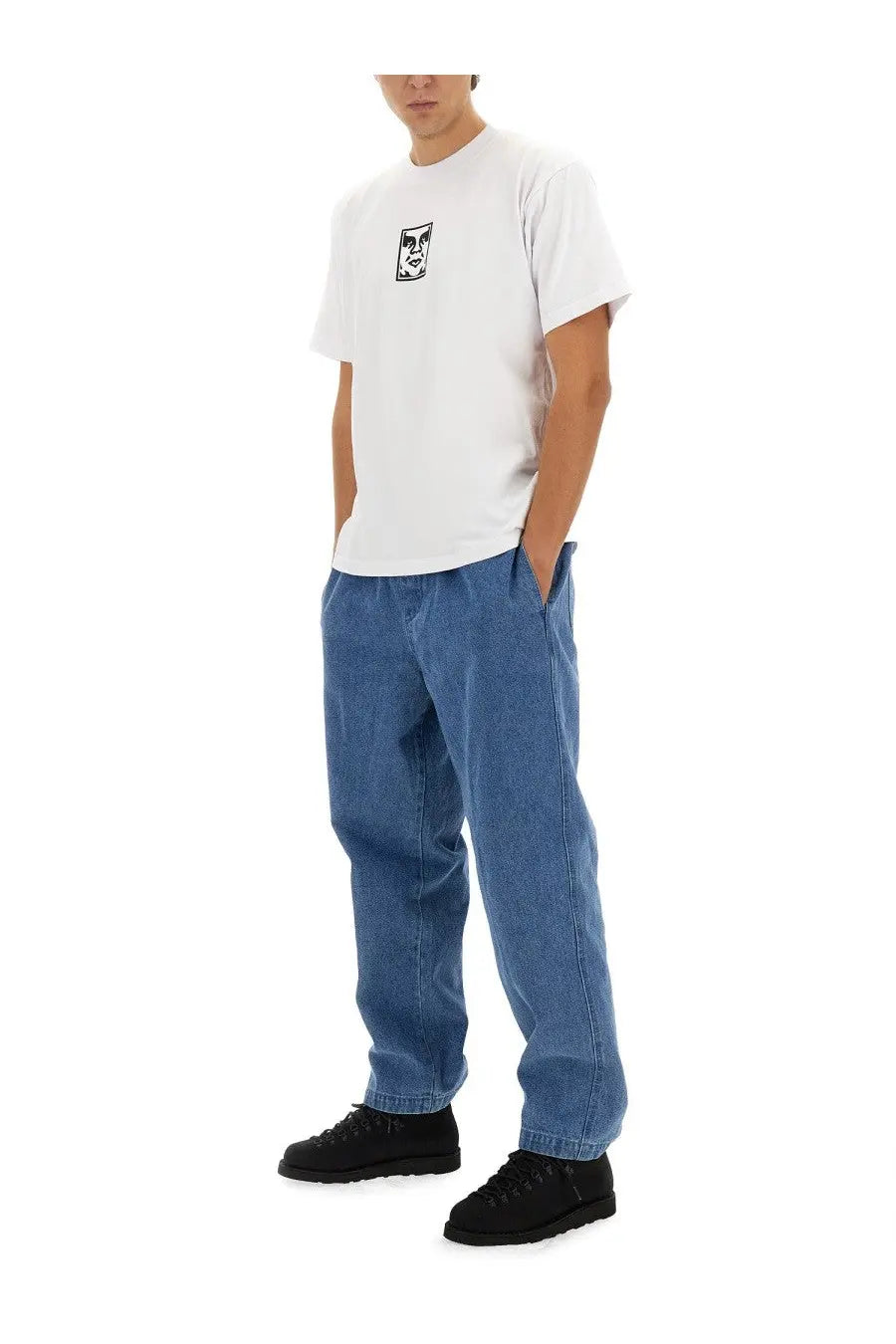 Obey men’s white cotton t-shirt with black face logo on the chest for casual wear