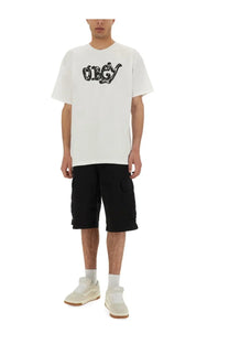 Obey men’s white t-shirt featuring a black stylized logo across the chest in a comfortable cotton fabric