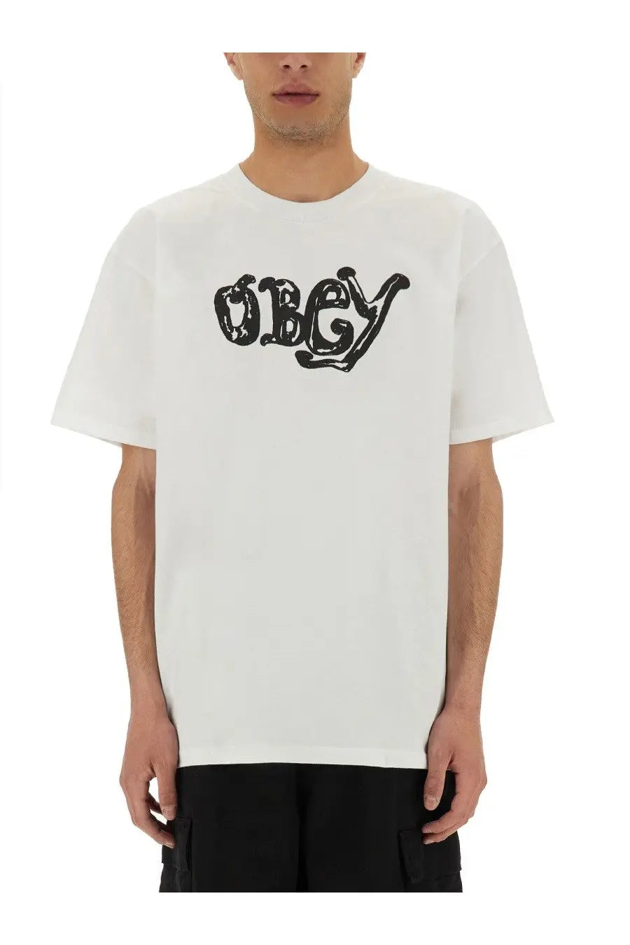 Obey men’s white t-shirt featuring a black stylized logo across the chest in a comfortable cotton fabric