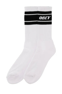 Obey men’s white crew socks with black ribbed stripes and a bold white logo on the front side